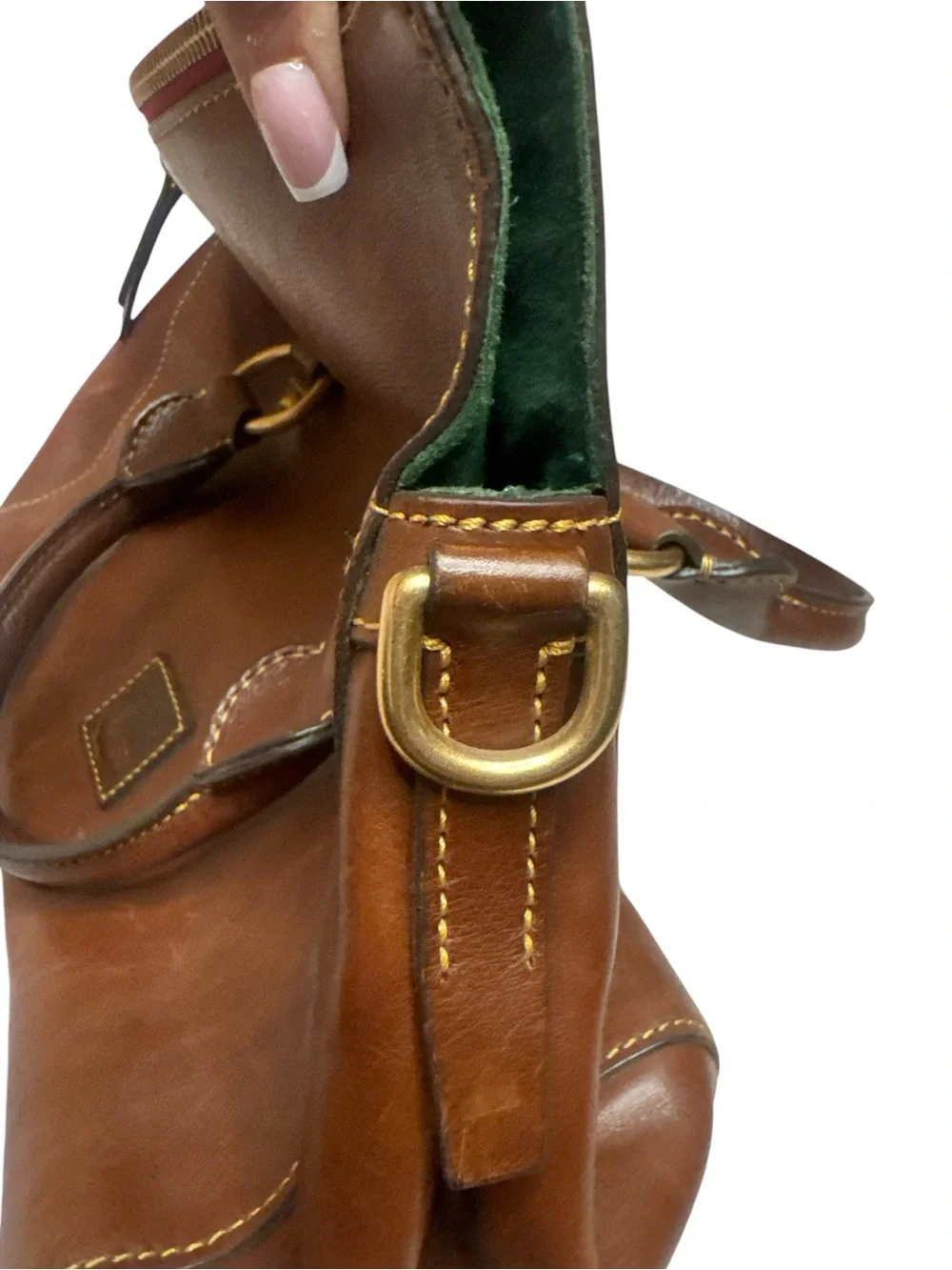 Dooney & Bourke Brown Leather Satchel with green suede interior